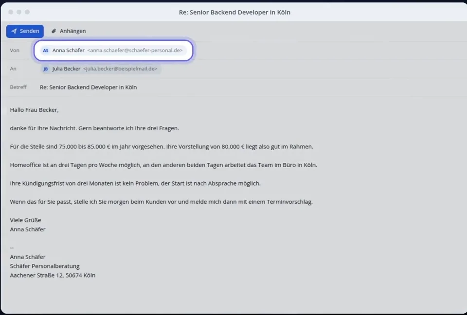 Fertige Mail im Mailprogramm, das Feld „Von“ mit der eigenen Adresse des Personalberaters ist hervorgehoben.