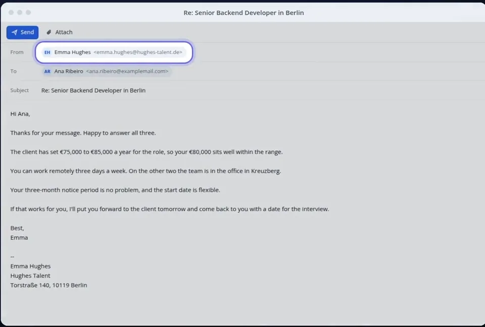 A finished email in the mail app, with the From field showing the recruiter's own address highlighted.