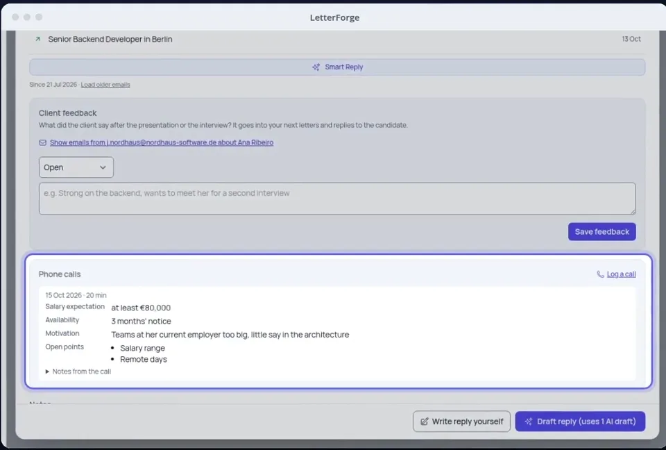 A candidate in LetterForge with the client feedback field and the call note with salary expectation and availability.